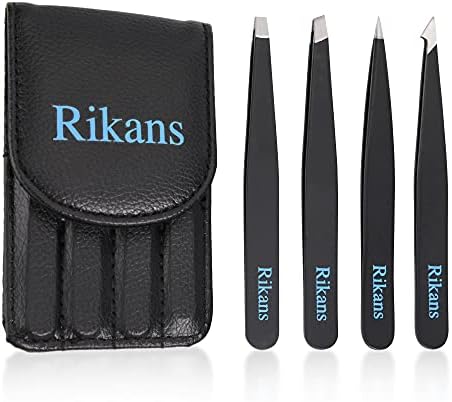 Rikans Precision Tweezers Set – Pack of 4 Black Professional Tweezers – Handy Carry Pouch – Superior Stainless Steel Tweezer Set – Splinters, Eyebrows, Facial or Ingrown Hair – Blackheads Remover