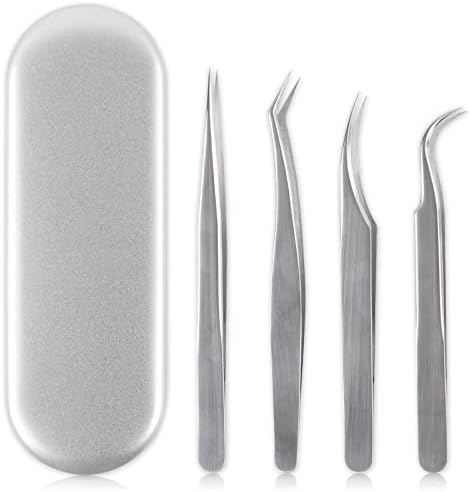 Eyelash Extensions Tweezers Set 4PCS Stainless Steel Tweezers for DIY Lash Extension and Removal Eyebrow Tweezers Nippers Eyelash Applicator Tool