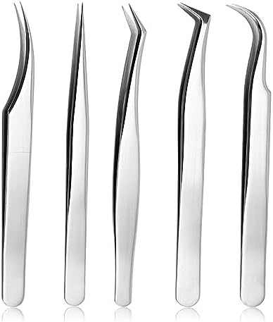SEIHDHIK Lash Tweezers Set 5 PCS Fiber Tip Lash Tweezers Stainless Steel Professional Lash Tweezers for Eyelash Extensions Straight and Curved Eyelash Tweezers (Silver)