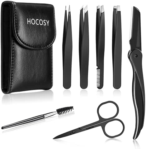 Eyebrow Tweezers Set, HOCOSY 7 in 1 Eyebrow Kit includes Eyebrow Scissors, Brush, Eyebrow Razor, Stainless Steel, Best Precision Eyebrow Shaper Trimmer for Ingrown Hair with Leather Travel Case