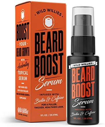 Beard Growth Serum with Biotin & Caffeine by Wild Willies - Natural Beard Care for Thicker, Fuller Healthier Beard - Mens Facial Hair Treatment for Grooming - Increases Thickness and Volume