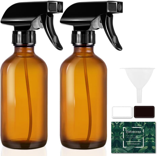 Tecohouse Glass Spray Bottles 8oz, Amber Hair Spray Bottles, 2 Pack Empty Refillable Sprayer Container with Labels, Funnel, Lids, Graduated Pipettes - Handheld Size