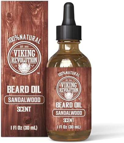 Viking Revolution Hair Styling Agent Beard Oil Conditioner - All Natural Sandalwood Scent with Argan & Jojoba Oils - Softens & Strengthens Beards and Mustaches for Men (Sandalwood, 1 Pack)