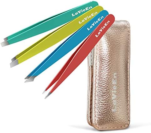 Precision Tweezers Set 4-Piece Muticolor Professional Stainless Steel Tweezers, LaVieEn 4 Pack Tweezers Precision for Eyebrows, Splinter and Ingrown Hair Removal with Rose Gold Leather Travel Case