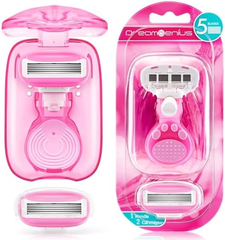 Travel Razors for Women Include 1 Handle and 2 Cartridges, Portable 5-Blade Mini Razor with Travel Case, The Best Travel Size Toiletries for Women, Pink