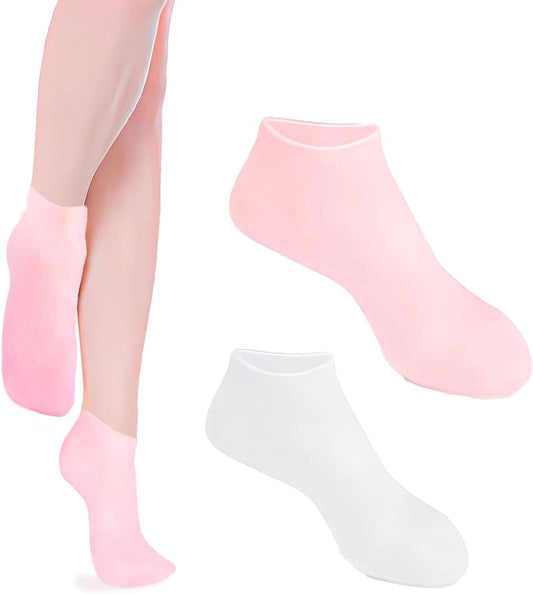 Zxfuture 2 Pairs Silicone Socks for Women, Soft Gel Socks, Aloe Socks, Moisturizing Foot Socks, Women's Spa Pedicure Socks for Repairing Dry Feet, Cracked Heels and Softening Rough Skin- Pink & White