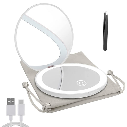 Milishow Compact Mirror with LED Light,1x/10x Magnifying Rechargeable Mirror,3.5in , Dimmable Travel Mirror for Purse,Pocket,Handheld 2-Sided Makeup Mirror (White 1Pack)
