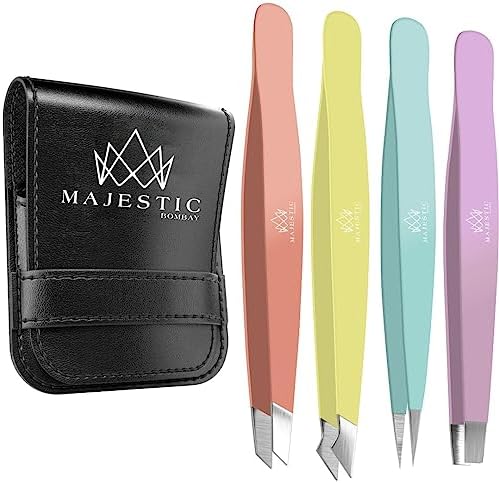 Tweezers Set 4-piece-Stainless Steel Slant Tip + Sharp Pointed Eyebrow Tweezer Set-Precision Facial Hair Removal,Eyebrow Hair,Splinter,Blackhead,Ingrown Hair/Tick Remover-Ends Meet Perfect