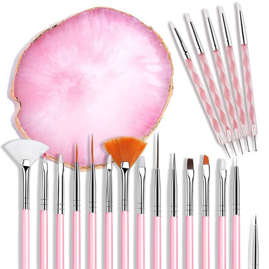 21 Pcs Nail Art Brushes Nail Art Tool Set Resin Palette Nail Art Painting Mixed Color 2 Way Acrylic Silicone Carving Pen Dotting Pen Tool Manicure Kit DIY Makeup Display Board for Home Salon, Pink