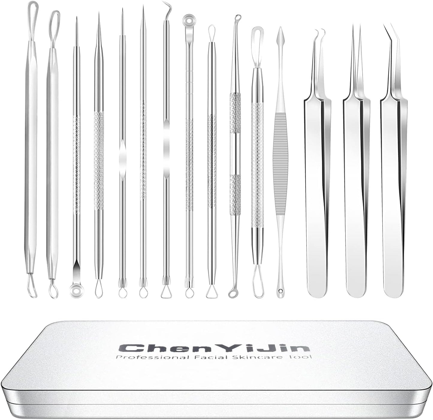 15 PCS Blackhead Remover Pimple Popper Tool Kit,Black Head Removal Extractor for Acne Comedone Whitehead Popping Zit Blemish Facial Skin Care Tools with Metal Case