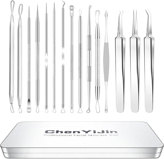 15 PCS Blackhead Remover Pimple Popper Tool Kit,Black Head Removal Extractor for Acne Comedone Whitehead Popping Zit Blemish Facial Skin Care Tools with Metal Case