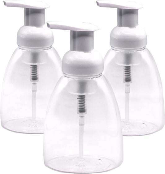 Clear Plastic Foaming Bathroom Countertop Soap Dispensers, Foaming Pump Bottles, Refillable Plastic Container for Liquid Soap, Compatible with Dr Bronner's Pure Castile Soap 250ml (8.5 oz) - (3 Pack)