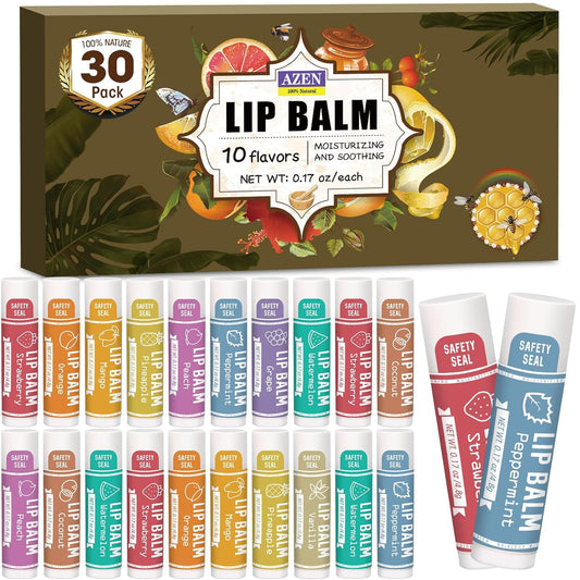 AZEN 30 Pack Lip Balm, Natural Lip Balm Bulk, Lip Care Product, Moisturizing Lip Balm for dry cracked lips