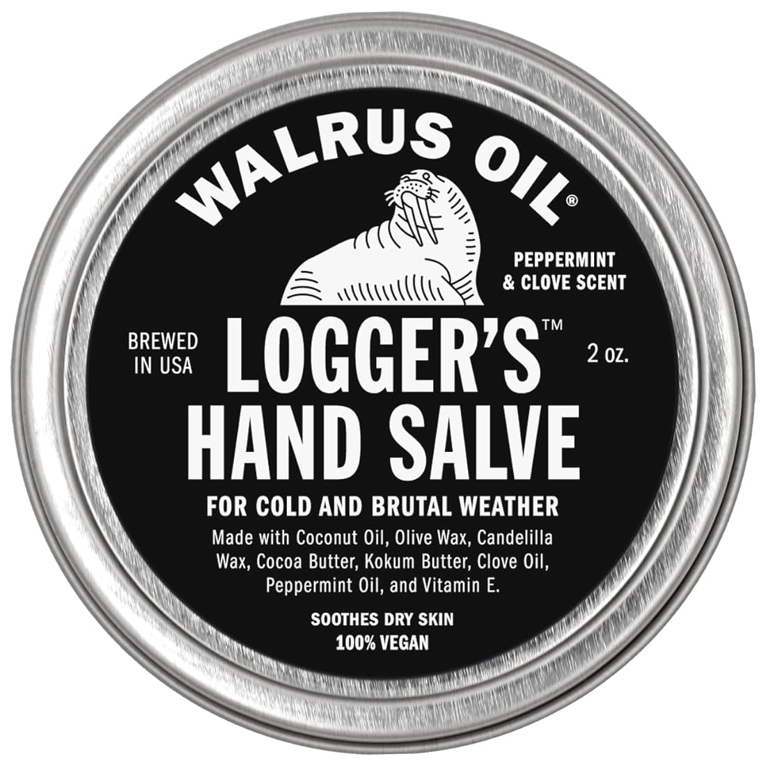 Walrus Oil - Logger's Hand Salve Cream, 2oz, 100% Vegan, Made with Olive Wax, Kokum Butter, Coconut Oil and more. Peppermint and Clove scent.