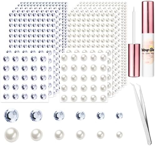 2882 Pcs Hair Gems and Hair Pearls Self Adhesive Hair Jewels Stick on, Face Jewels Hair Rhinestones Stickers Eye Jewels with Glue for Makeup, Tweezer, 3/4/5/6/8/10mm