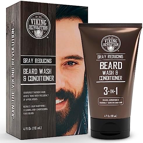 Viking Revolution Mens Beard Dye for Men Dark Brown - Grey Reducing Shampoo Beard Coloring for Men - Mens Beard Color Mustache Dye for Men - Grey Reducing Beard Wash and Conditioner (4 Oz, Dark Brown)