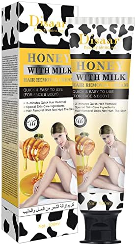 DISAAR BEAUTY Hair Removal Cream 24k Gold Essence Collagen Argan Oil 3 Minutes Quick & Easy To Use Face Body Legs Depilating Moisturizing 100ml/3.38fl.oz (Honey With Milk)