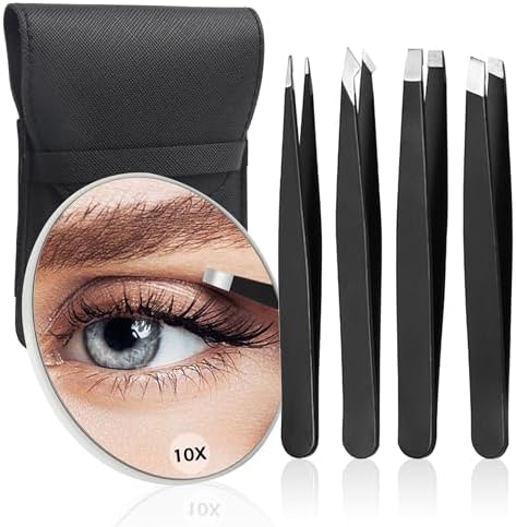 WangSelect Tweezers and 10X Magnifying Mirror, Portable Magnified Travel Mirror and Professional Tweezer Set for Eyebrows Grooming, Facial Hair, Splinter and Ingrown Hair Removal - Black
