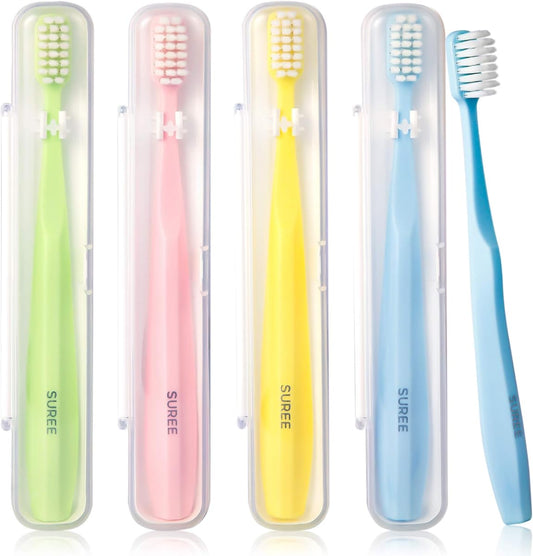 SUREE Extra Soft Toothbrush for Sensitive Teeth, Upgraded 10000 Bristles Nano Toothbrush, Ultra Soft Toothbrushes for Adults & Elders, Portable Manual Toothbrush with Individual Travel Case (4 Pack)