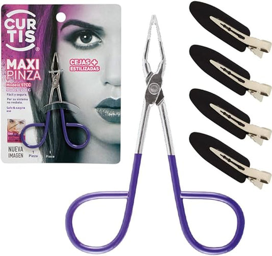 CURTIS PROFESSIONAL Salon TWEEZERS with Easy Scissor Handle, The BEST PRECISION EYEBROW TWEEZERS + 4 Hair Clips; PORTABLE Beauty tool for facial Hair, Ingrown Hair, Blackhead; Purple MADE IN MEXICO