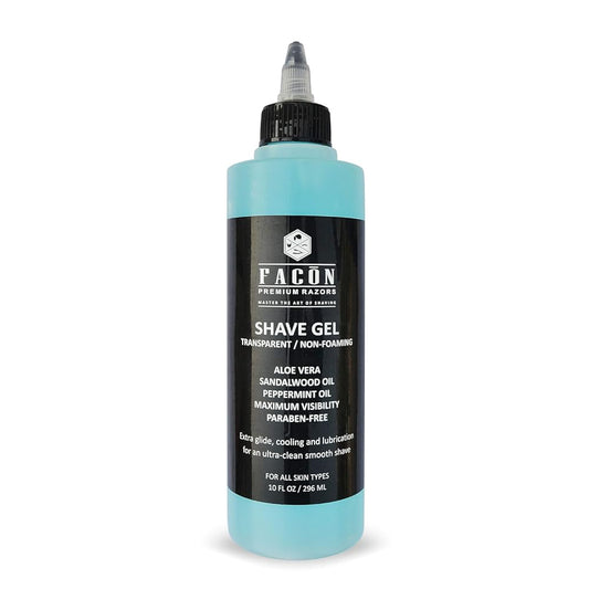 Fac—n Transparent Non-Foaming Clear Shave Gel with Skin Soothing Aloe Vera, Cooling Menthol Peppermint Oil, Sandalwood Oil Scent - Extra Glide for an Ultra-Clean Smooth Shave (10 fl oz / 296 ml)