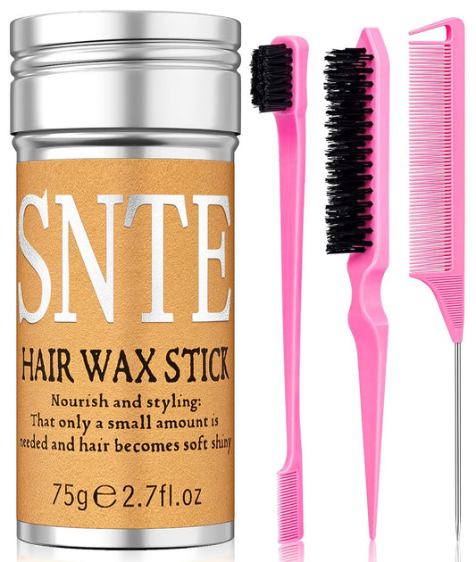 Hair Wax Stick, Slick Back Hair Brush Set 4Pcs, Wax Stick for Hair, Bristle Brush for Flyaways, Teasing Brush for Hair Styling, Edge Brush for Tame Frizz for Baby Hair, Rat Tail Combs for Parting