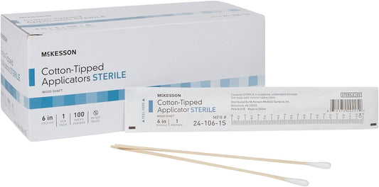 McKesson Cotton-Tipped Applicator Swabstick, Sterile, Wood Shaft, 6 in, 100 Count, 1 Pack