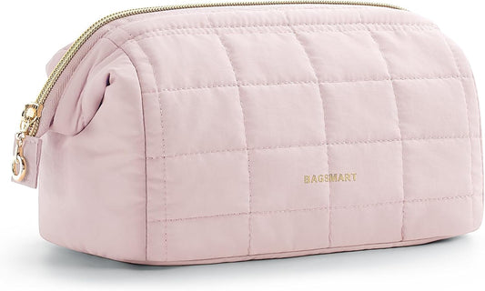 BAGSMART Makeup Bag Travel Cosmetic Bag, Puffy Padded Make Up Bags for Women Large Capacity Makeup Organizer Case, Wide-open Pouch Purse Travel Essentials Toiletries Accessories Brushes, Pink