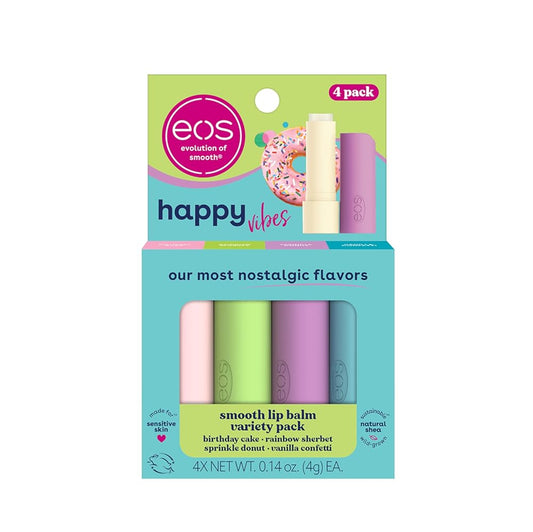 eos Happy Vibes Lip Balm Variety Pack- Sprinkle Donut, Birthday Cake, Vanilla Confetti & Rainbow Sherbet, All-Day Moisture Lip Care Products, 0.14 oz, 4-Pack
