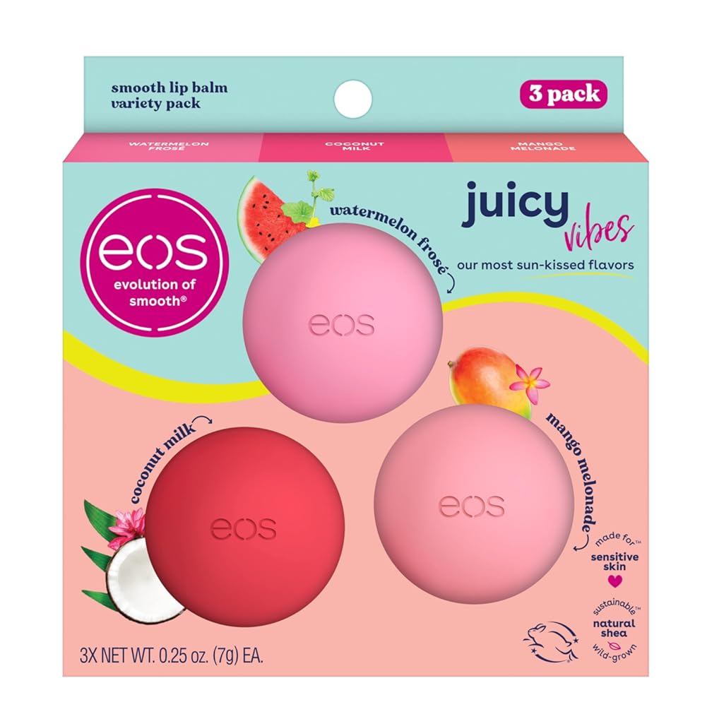 eos Juicy Vibes Lip Balm Variety Pack- Watermelon FrosŽ, Mango Melonade & Coconut Milk, All-Day Moisture Lip Care Products, 0.25 oz, 3-Pack