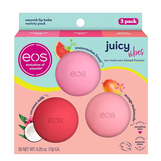 eos Juicy Vibes Lip Balm Variety Pack- Watermelon FrosŽ, Mango Melonade & Coconut Milk, All-Day Moisture Lip Care Products, 0.25 oz, 3-Pack