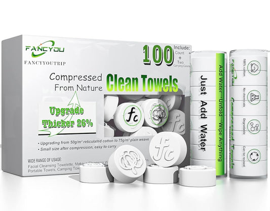 Fancyou Compressed Towel tablets 100,Disposable Face Compressed Towels,Thicken Cotton Facial Tissues,Daily Clean Cloth,Biodegradable Towel,With Travel Wipes Case For Home/Camping/Outdoor(N)