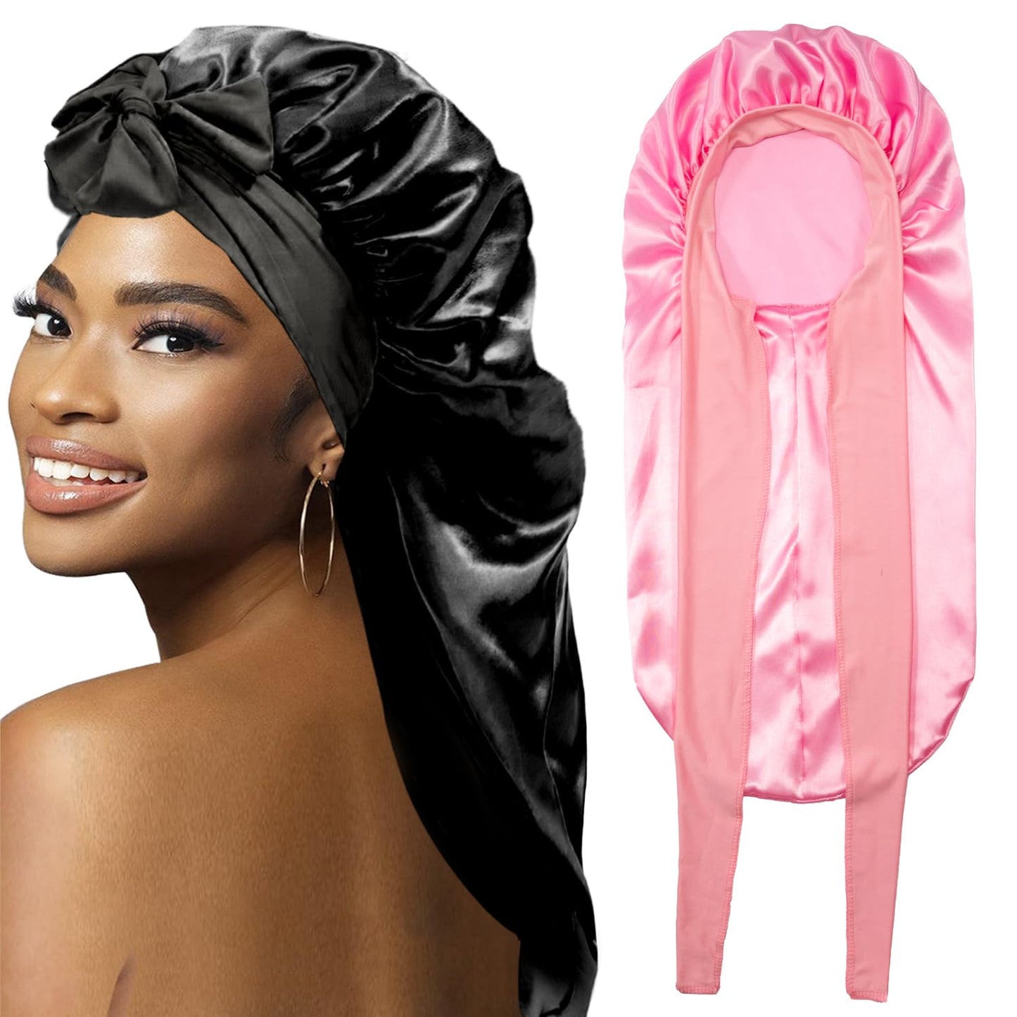 2Pcs Bonnets for Black Women Braid Bonnet, Large Long Satin Bonnet for Braids Sleeping, Black Women Satin Silk Bonnet with Stretchy Tie Band Sleep Bonnet Cap for Long Curly Hair Braids (Black & Pink)