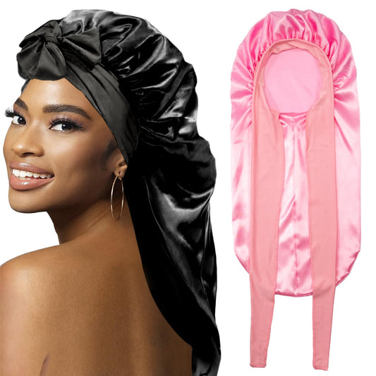 2Pcs Bonnets for Black Women Braid Bonnet, Large Long Satin Bonnet for Braids Sleeping, Black Women Satin Silk Bonnet with Stretchy Tie Band Sleep Bonnet Cap for Long Curly Hair Braids (Black & Pink)