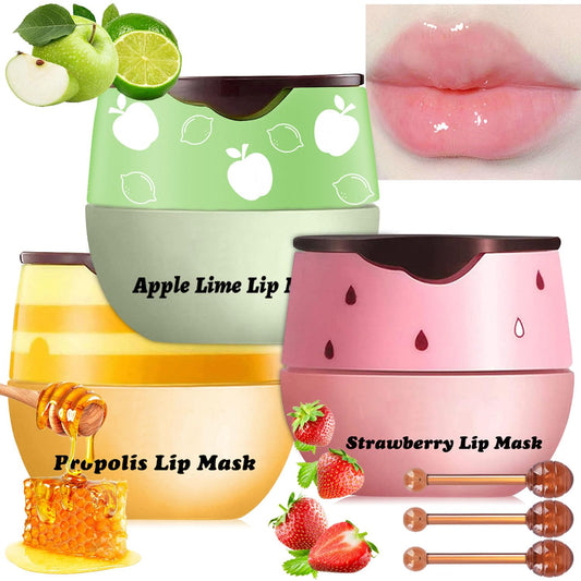 3 Pcs Bee Balm Lip Balm Honey Pot, Honey Strawberry Apple Lip Mask Overnight, Moisturizing Lip Sleeping Mask, Hydrate Repair Prevent Dry Cracked Lip Exfoliator Lip Care (Honey+Strawberry+Apple Lime)