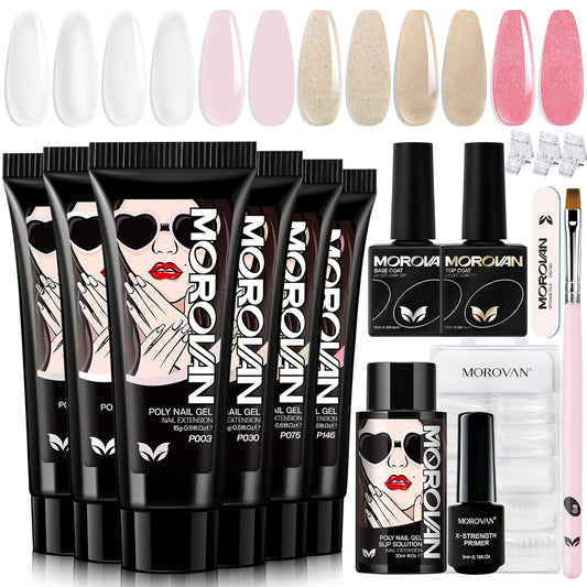 Morovan Poly Gel Nail Kit Starter: 6 Colors Poly Nail Gel Kit Pink White Glitter Poly Gel Nail Colors All In One Poly Gel Extension Nail Kit for Beginner Builder Gel DIY at Home