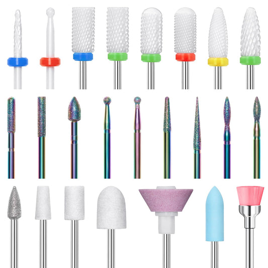 Modelones 24Pcs Nail Drill Bit Set, 3/32Ó Ceramic Diamond Carbide Nail Drill Bits, Acrylic Gel Nail Bit Kit, Cuticle Remover Bits for Acrylic Gel Dip Powder Nail Manicure Pedicure