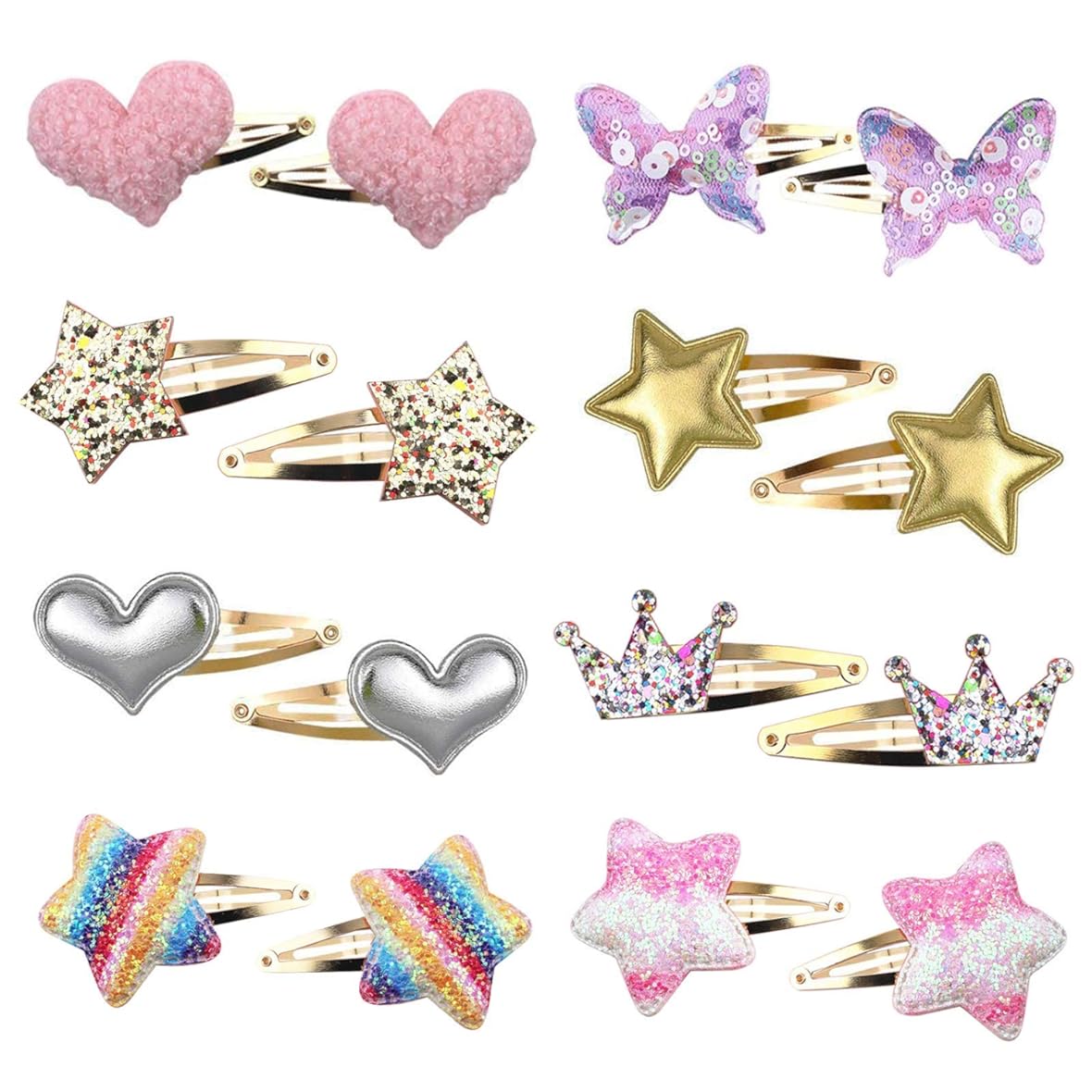 Gingbiss Hair Clips for Girls - 8 Pairs of Star, Crown, Heart, Butterfly Shaped Barrettes and Pins - Metal Snap Accessories for Styling Kids' Hair
