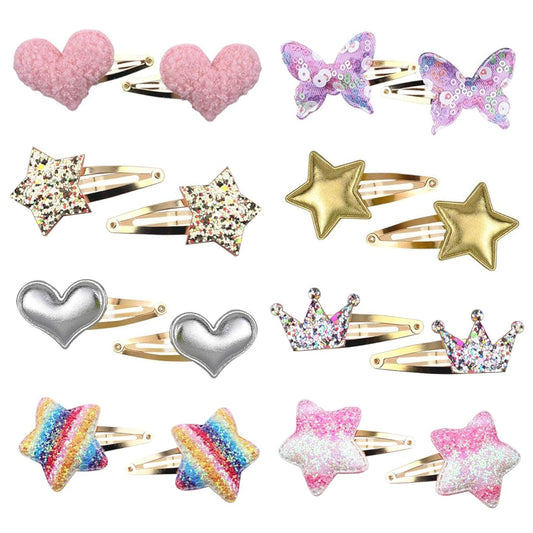 Gingbiss Hair Clips for Girls - 8 Pairs of Star, Crown, Heart, Butterfly Shaped Barrettes and Pins - Metal Snap Accessories for Styling Kids' Hair