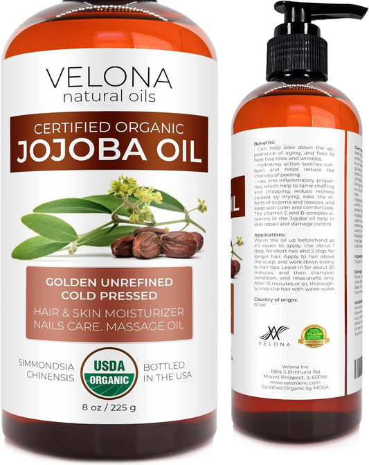 Velona Organic Jojoba Oil 8 oz - 100% Pure, Unrefined Cold Pressed for Face, Hair, Body, Acne Prone Skin Care, Stretch Marks & Cuticles (With Pump)