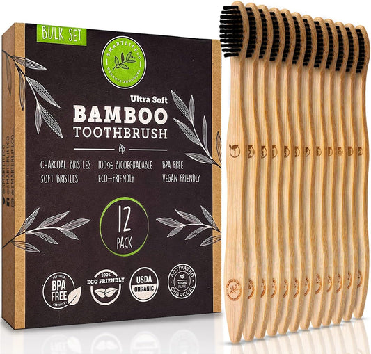 Charcoal Bamboo Toothbrushes (6 Pack) - Extra Soft Natural Bristles For Adults & Kids Teeth | Zero Waste Biodegradable Bulk Wooden Tooth Brush Travel Kit | BPA Free, Eco-Friendly Organic Compostable