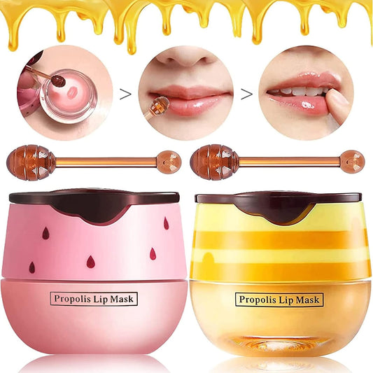 Bee Balm Lip Balm Honey Pot, 2 Pack Honey & Strawberry Lip Mask Propolis Moisturizing Hydrating Prevention Dry and Cracked Lip Scrubs Exfoliator (Honey+Strawberry)