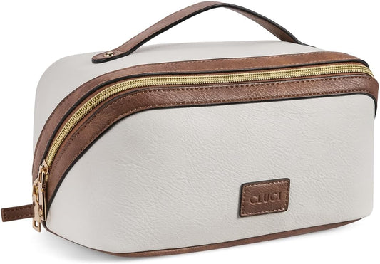 CLUCI Makeup Bag PU Leather Travel Make Up Bag Cosmetic Bag Water Resistant Large Capacity Makeup Bag for Women Organizer Toiletry Bag with Handle and Divider Open Flat Travel Bag