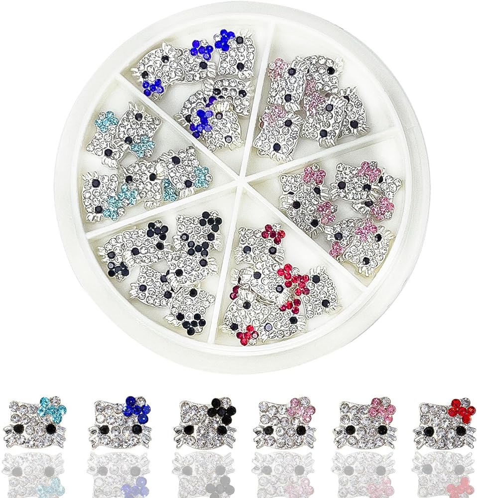 36PCS Kawaii Nail Art Charms Bling Kitty 3D Cute Metal Rhinestone Crystals Making Ornament Nail Decoration Accessories for DIY