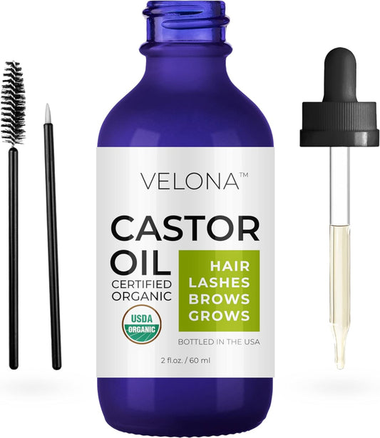 velona USDA Certified Organic Castor Oil - 2 oz | Stimulate Growth Eyelashes, Eyebrows, Hair | Cold pressed, Natural Oil, USP Grade | Hexane Free, Lash Boost Serum, Caster | Starter KitÉ
