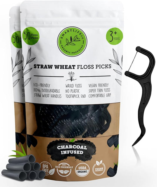 Biodegradable Dental Floss Picks - Charcoal Thread Flossers for Adults & Kids, Natural Teeth Whitening, Eco Friendly Plastic Free Handle, Toothpick Stick Soft on Gums, Zero Waste Vegan Threader, 100x