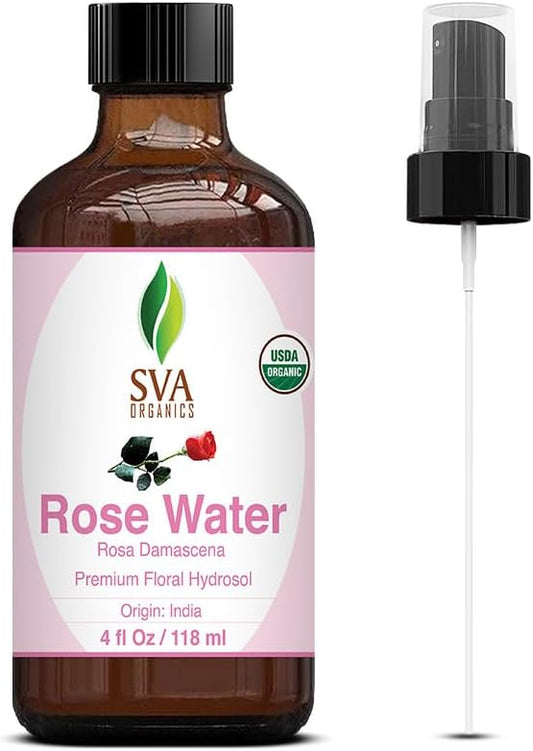 SVA Organics Rose Water 4oz (118 ml) Refreshing Rose Water Spray for Skin Care, Skin Hydration, Bath, Soaps, Haircare & Aromatherapy
