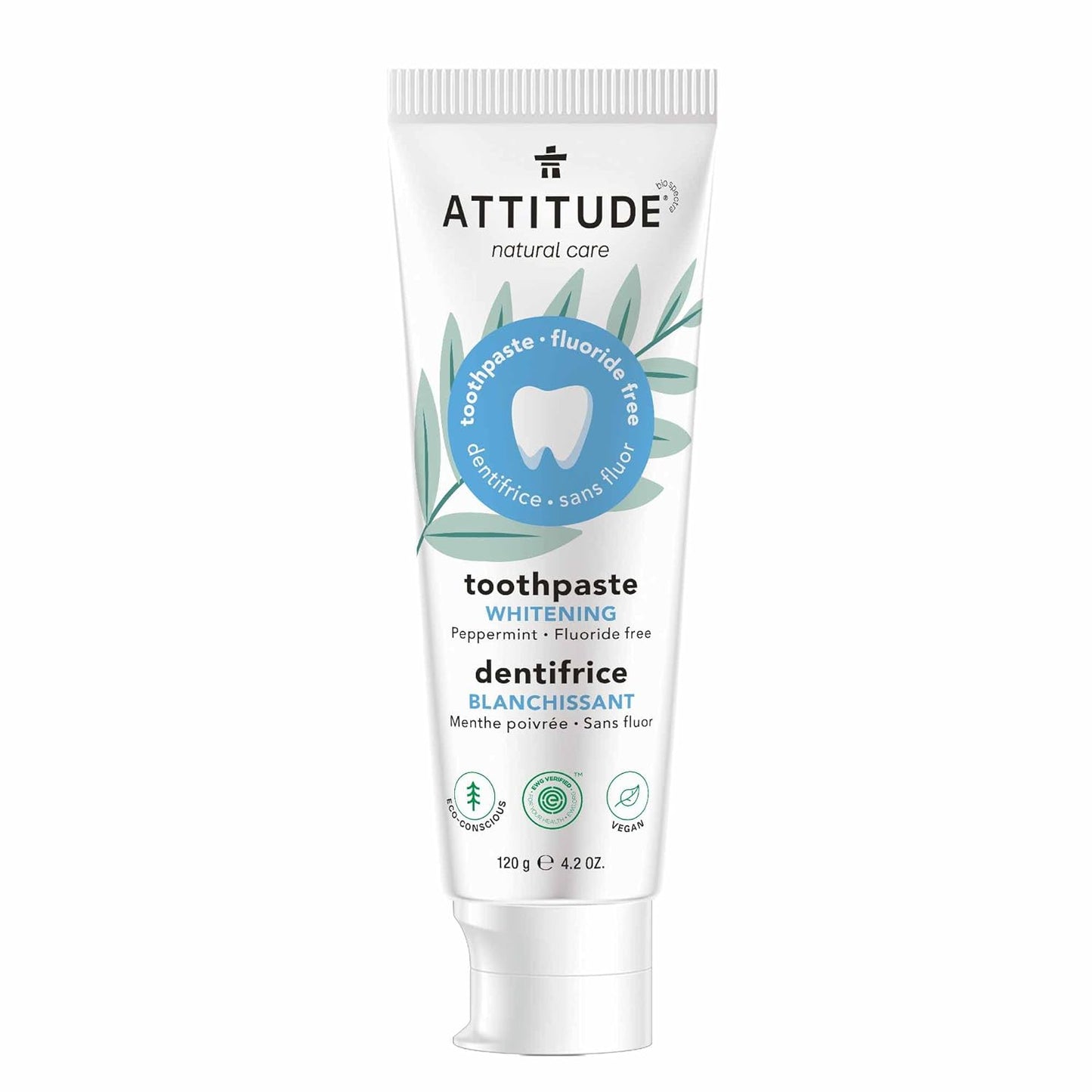 ATTITUDE Fluoride-Free Toothpaste, Plant- and Mineral-Based Ingredients, Vegan, Cruelty-Free and Sugar-Free, Whitening, Peppermint, 4.2 Oz