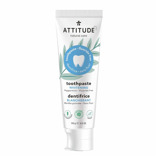 ATTITUDE Fluoride-Free Toothpaste, Plant- and Mineral-Based Ingredients, Vegan, Cruelty-Free and Sugar-Free, Whitening, Peppermint, 4.2 Oz