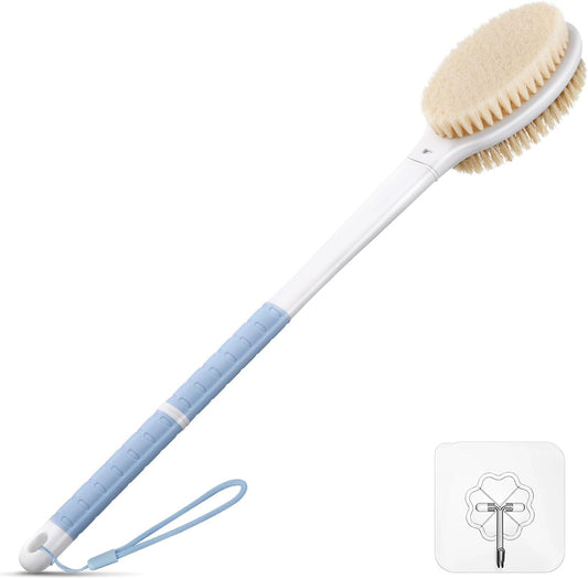 Back Scrubber Body Shower Brush: Anti Slip Long Handle Bath Brush with Stiff and Soft Bristles - Showering Exfoliator for Women, Men, Elderly (Blue)